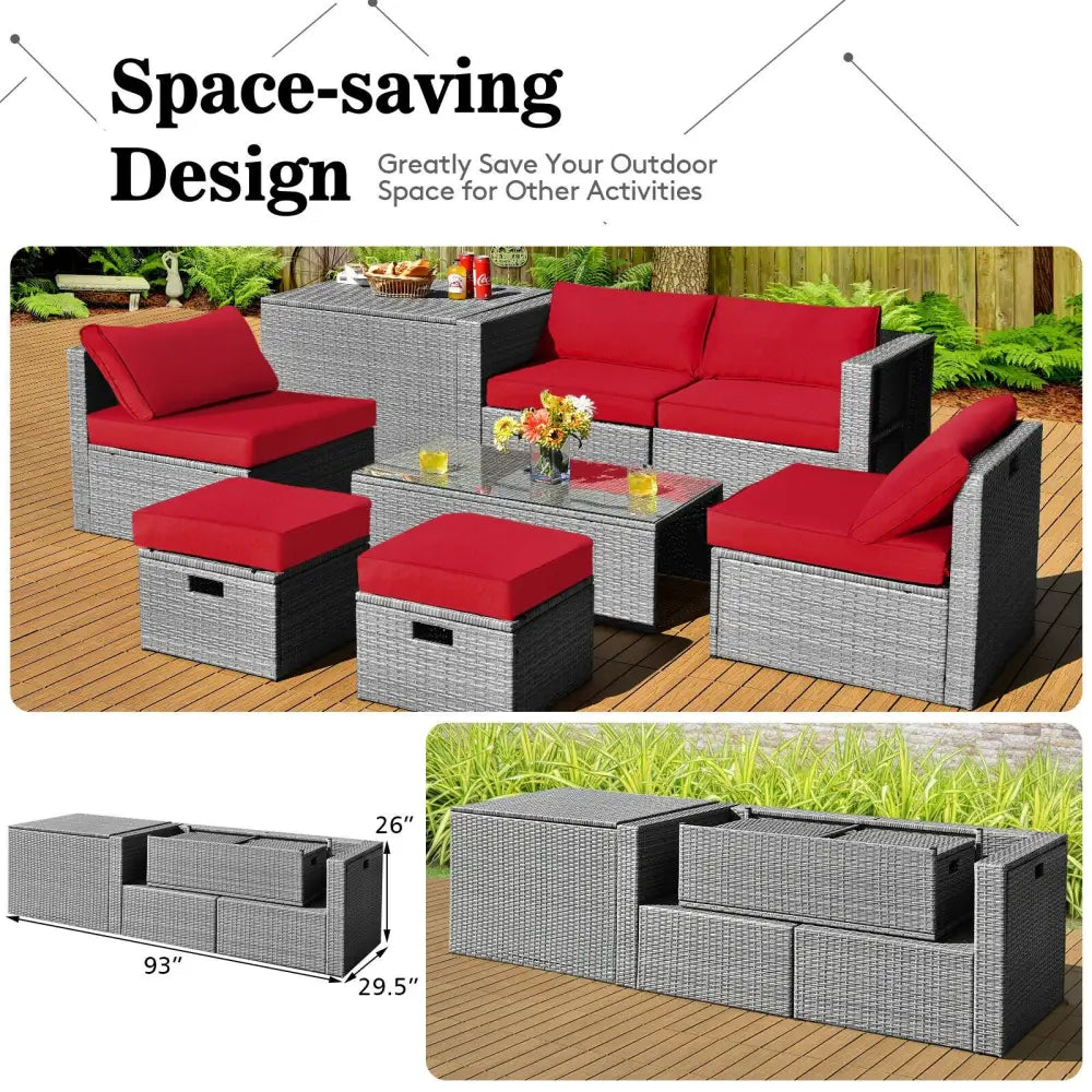 8 Pieces Patio Rattan Furniture Set with Storage Waterproof Cover and Cushion-Red - Red - Outdoor Sectionals