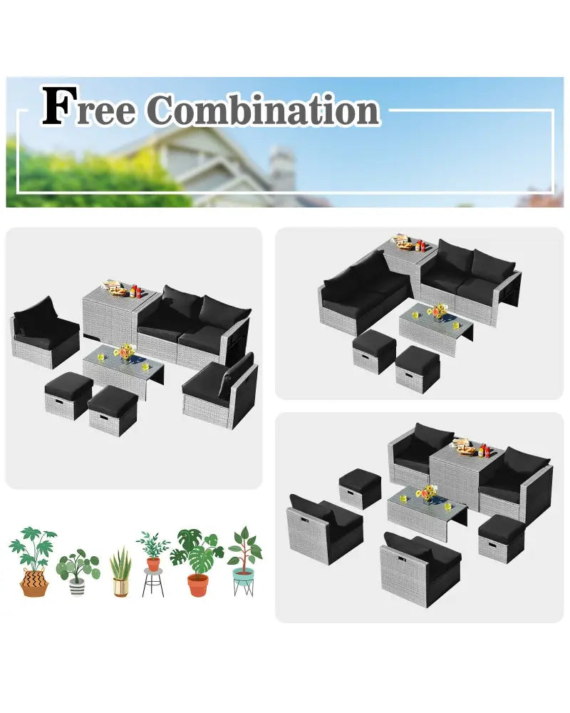 8 Pieces Patio Rattan Furniture Set with Storage Waterproof Cover and Cushion-Black - Black - Outdoor Sectionals
