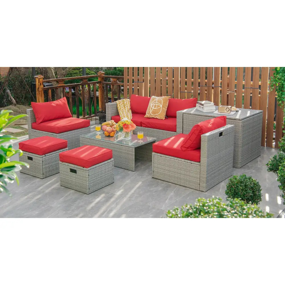 8 Pieces Patio Rattan Furniture Set with Storage Waterproof Cover and Cushion-Red - Red - Outdoor Sectionals