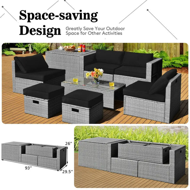 8 Pieces Patio Rattan Furniture Set with Storage Waterproof Cover and Cushion-Black - Black - Outdoor Sectionals