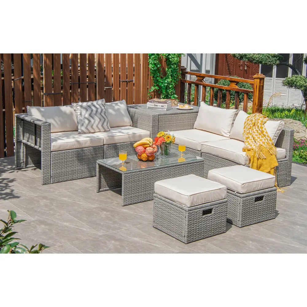 8 Pieces Patio Rattan Furniture Set with Storage Waterproof Cover and Cushion-Off White - Off White - Outdoor Sectionals