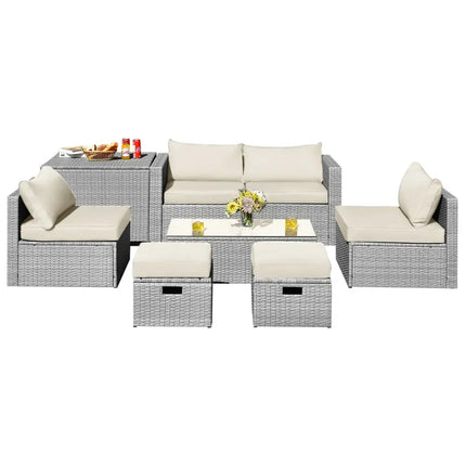 8 Pieces Patio Rattan Furniture Set with Storage Waterproof Cover and Cushion-Off White - Off White - Outdoor Sectionals