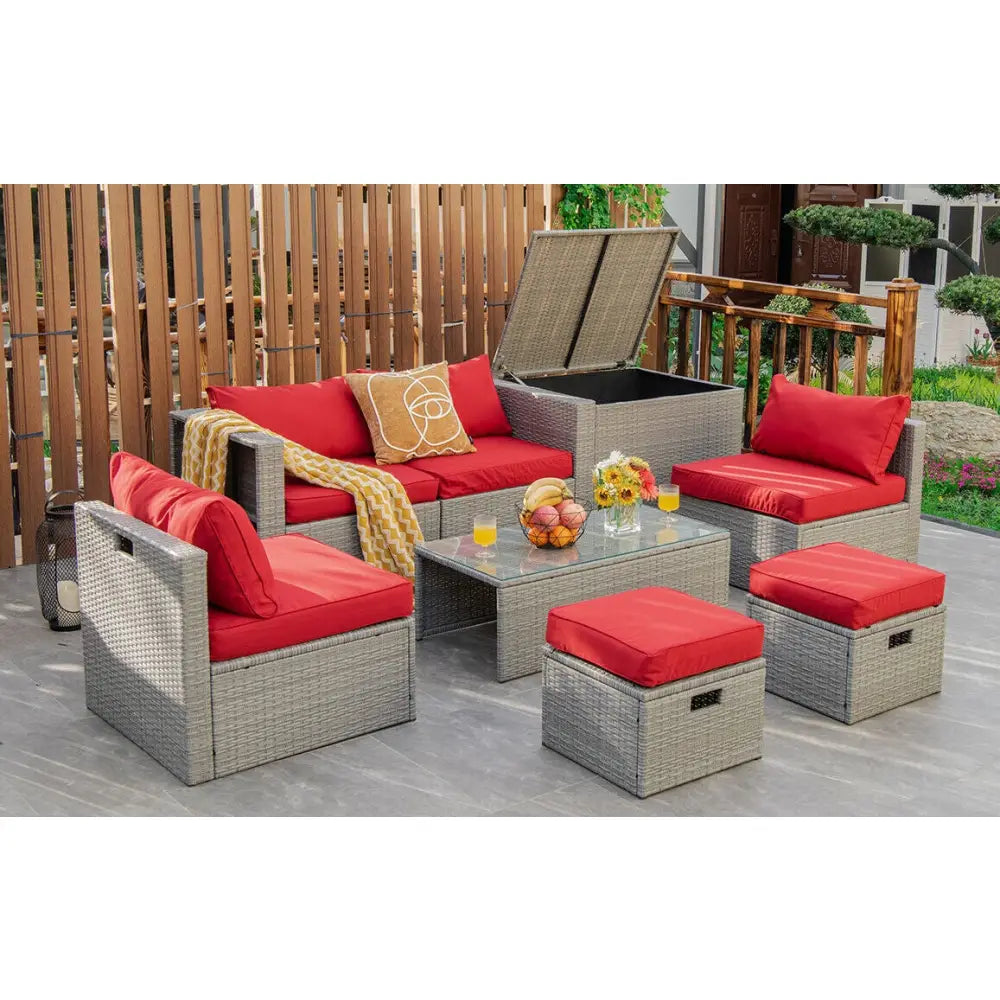 8 Pieces Patio Rattan Furniture Set with Storage Waterproof Cover and Cushion-Red - Red - Outdoor Sectionals