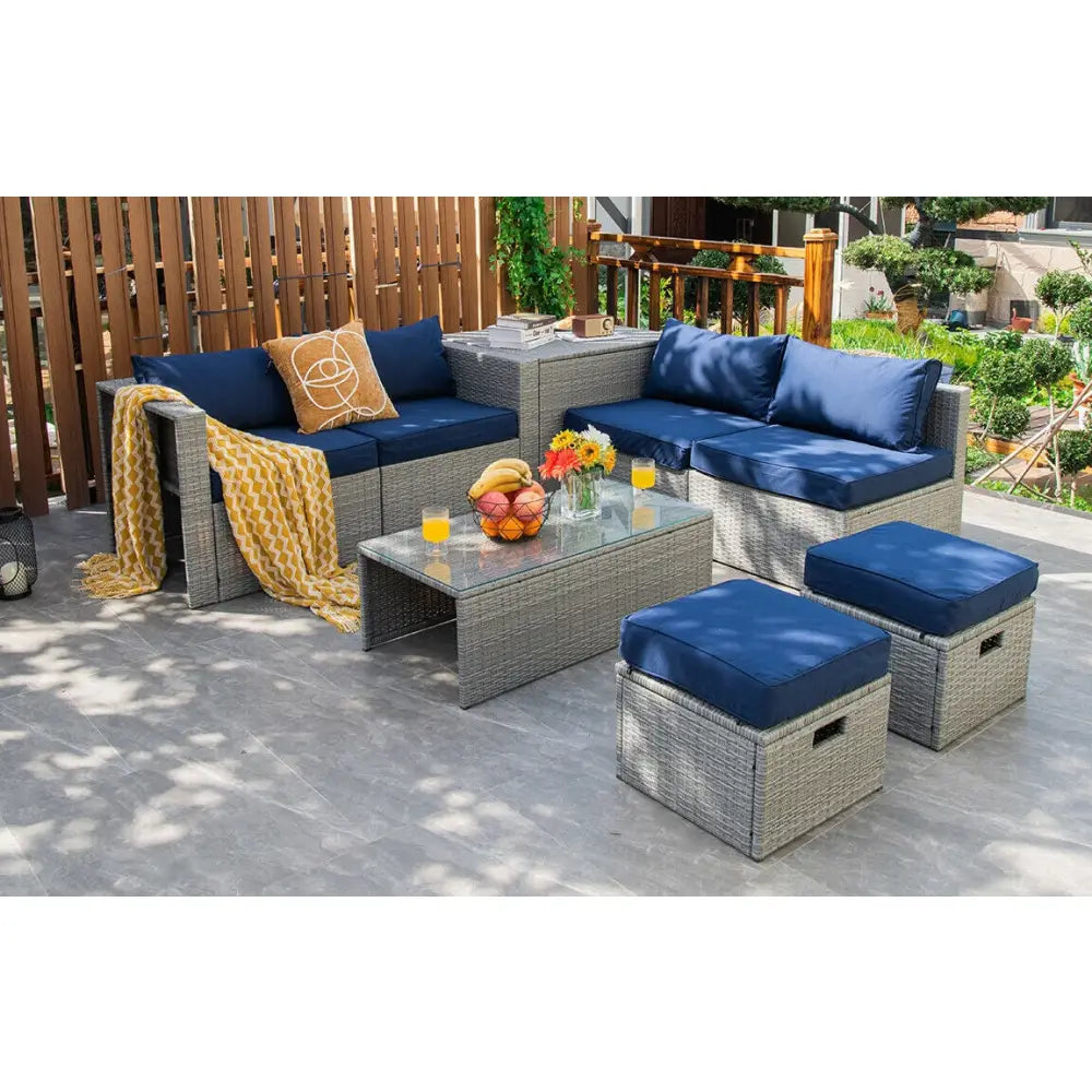 8 Pieces Patio Rattan Furniture Set with Storage Waterproof Cover and Cushion-Navy - Navy - Outdoor Sectionals