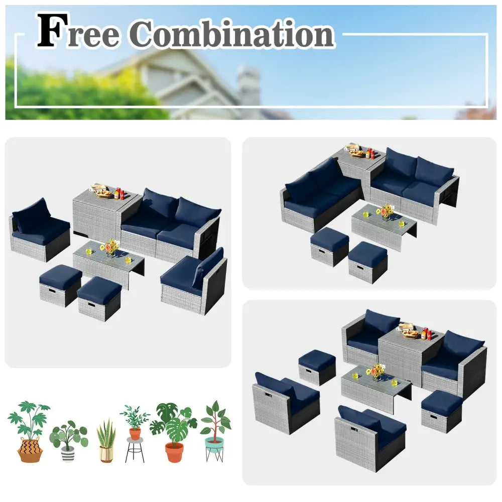 8 Pieces Patio Rattan Furniture Set with Storage Waterproof Cover and Cushion-Navy - Navy - Outdoor Sectionals