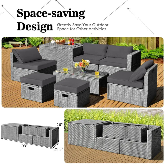 8 Pieces Patio Rattan Furniture Set with Storage Waterproof Cover and Cushion-Gray - Gray - Outdoor Sectionals