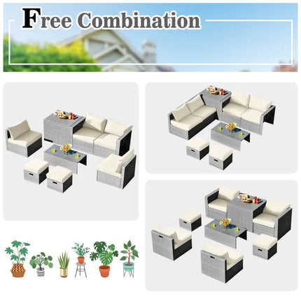 8 Pieces Patio Rattan Furniture Set with Storage Waterproof Cover and Cushion-Off White - Off White - Outdoor Sectionals