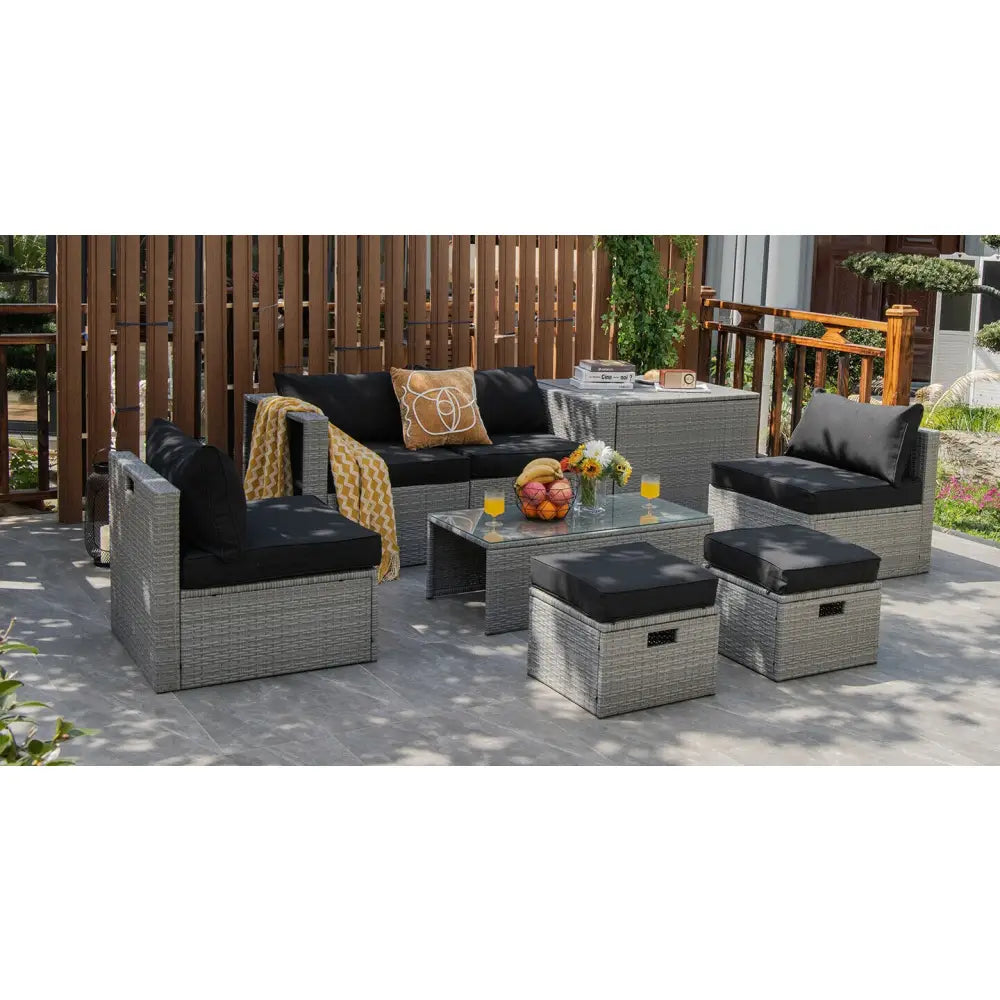 8 Pieces Patio Rattan Furniture Set with Storage Waterproof Cover and Cushion-Black - Black - Outdoor Sectionals