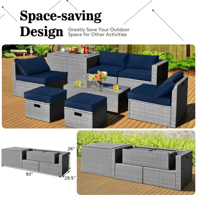 8 Pieces Patio Rattan Furniture Set with Storage Waterproof Cover and Cushion-Navy - Navy - Outdoor Sectionals