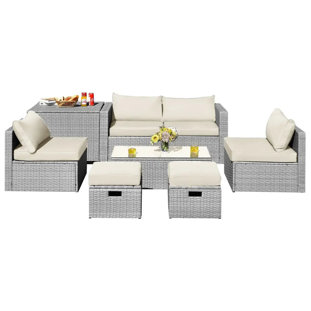 8 Pieces Patio Rattan Furniture Set with Storage Waterproof Cover and Cushion-Off White - Off White - Outdoor Sectionals