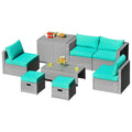 8 Pieces Patio Rattan Furniture Set with Storage Waterproof Cover and CushionTurquoise - Oasis Home Essentials