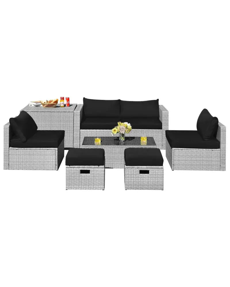 8 Pieces Patio Rattan Furniture Set with Storage Waterproof Cover and Cushion-Black - Black - Outdoor Sectionals