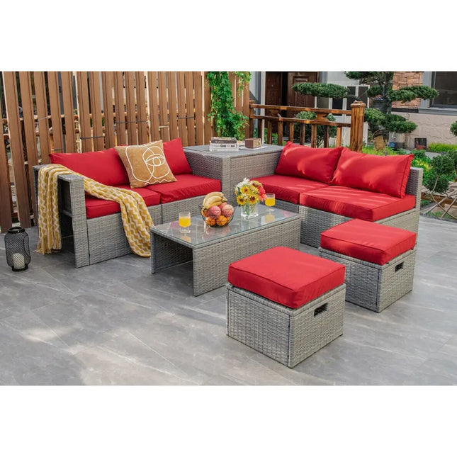 8 Pieces Patio Rattan Furniture Set with Storage Waterproof Cover and Cushion-Red - Red - Outdoor Sectionals