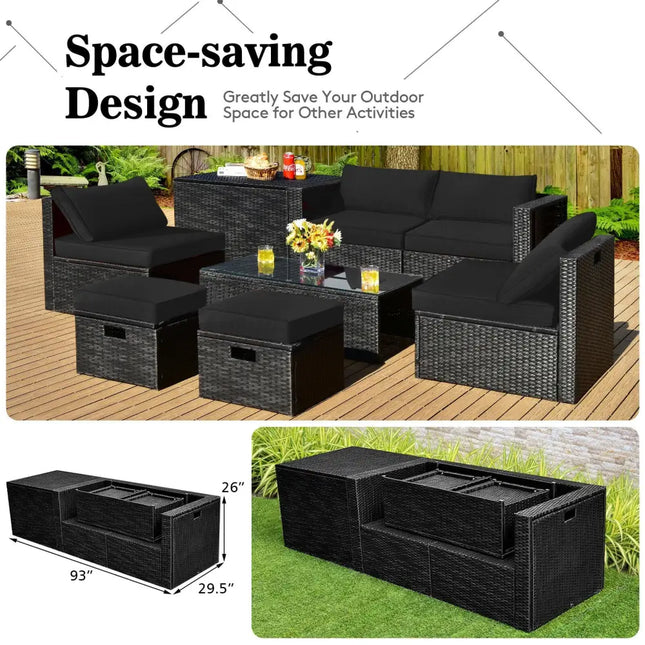 8 Pieces Patio Rattan Storage Table Furniture Set-Black - Black - Outdoor Sectionals