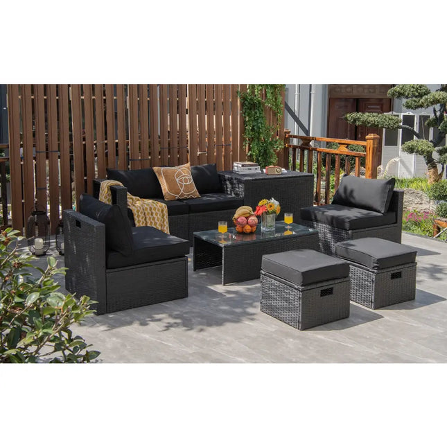 8 Pieces Patio Rattan Storage Table Furniture Set-Black - Black - Outdoor Sectionals