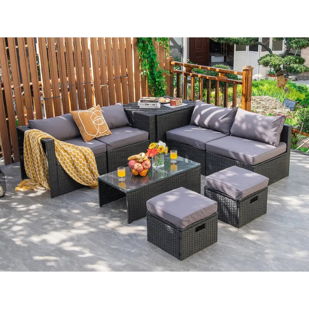 8 Pieces Patio Rattan Storage Table Furniture Set-Gray - Gray - Outdoor Sectionals