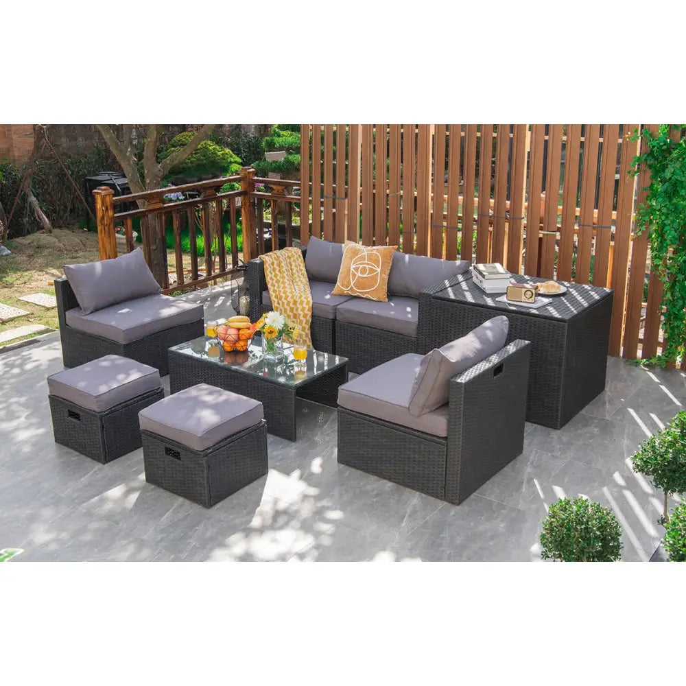 8 Pieces Patio Rattan Storage Table Furniture Set-Gray - Gray - Outdoor Sectionals