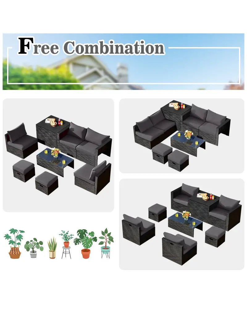 8 Pieces Patio Rattan Storage Table Furniture Set-Gray - Gray - Outdoor Sectionals