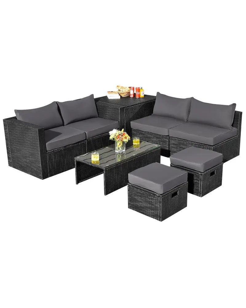 8 Pieces Patio Rattan Storage Table Furniture Set-Gray - Gray - Outdoor Sectionals