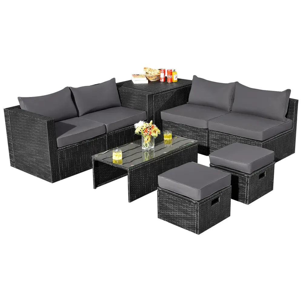8 Pieces Patio Rattan Storage Table Furniture Set-Gray - Gray - Outdoor Sectionals
