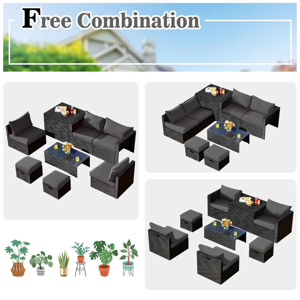 8 Pieces Patio Rattan Storage Table Furniture Set-Gray - Gray - Outdoor Sectionals