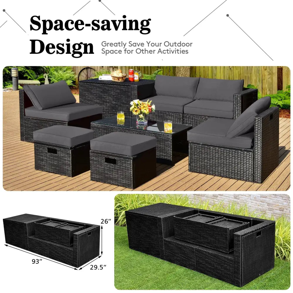 8 Pieces Patio Rattan Storage Table Furniture Set-Gray - Gray - Outdoor Sectionals