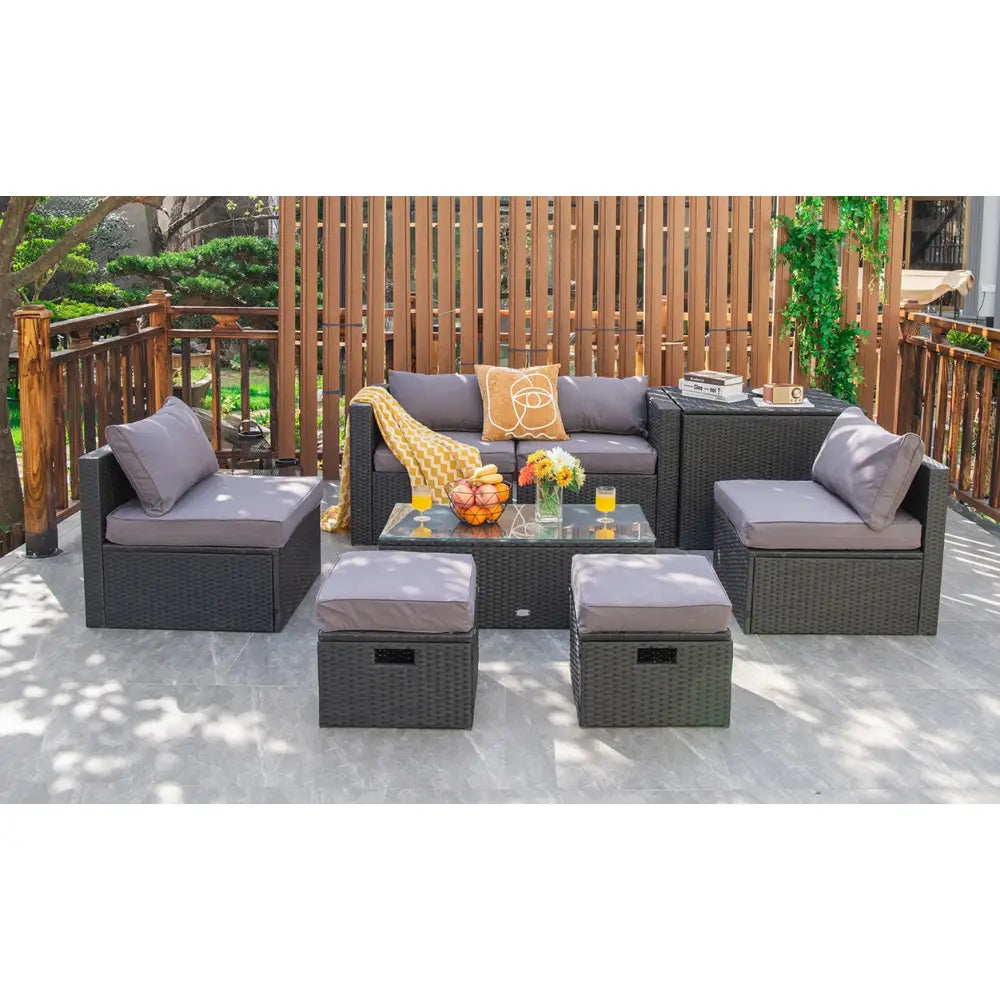 8 Pieces Patio Rattan Storage Table Furniture Set-Gray - Gray - Outdoor Sectionals