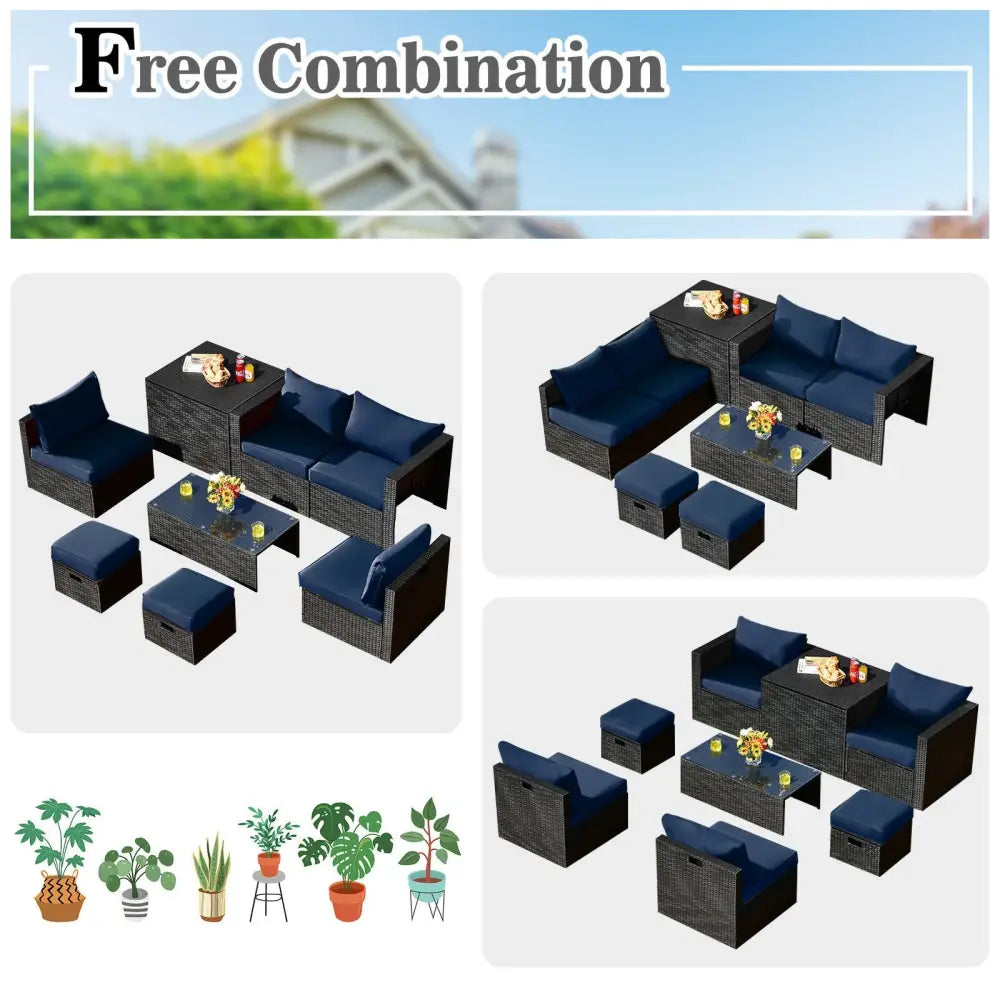 8 Pieces Patio Rattan Storage Table Furniture Set-Navy - Navy - Outdoor Sectionals