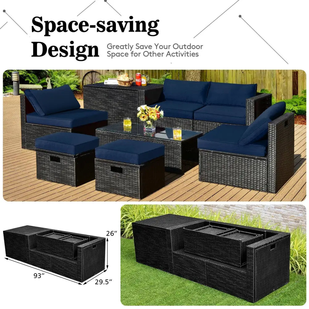 8 Pieces Patio Rattan Storage Table Furniture Set-Navy - Navy - Outdoor Sectionals