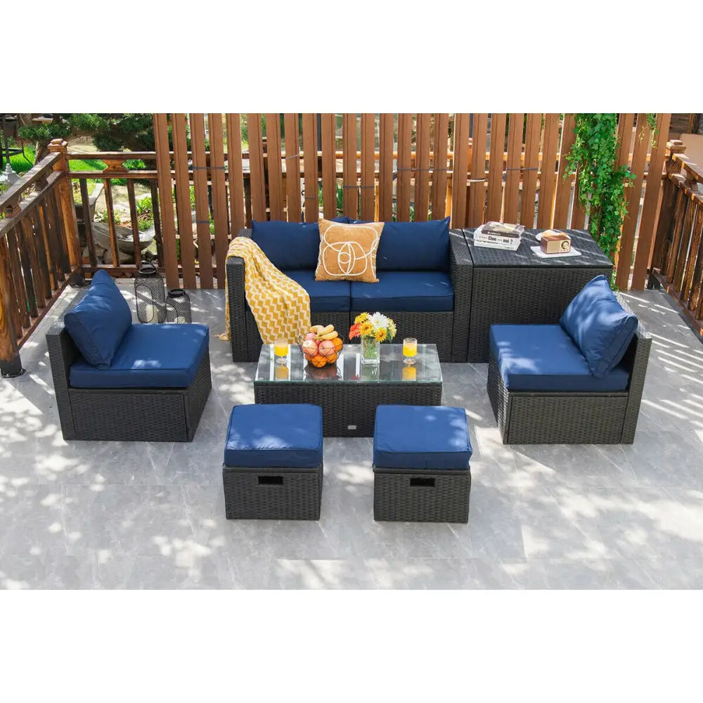 8 Pieces Patio Rattan Storage Table Furniture Set-Navy - Navy - Outdoor Sectionals
