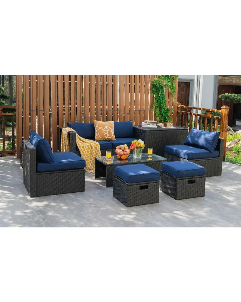8 Pieces Patio Rattan Storage Table Furniture Set-Navy - Navy - Outdoor Sectionals