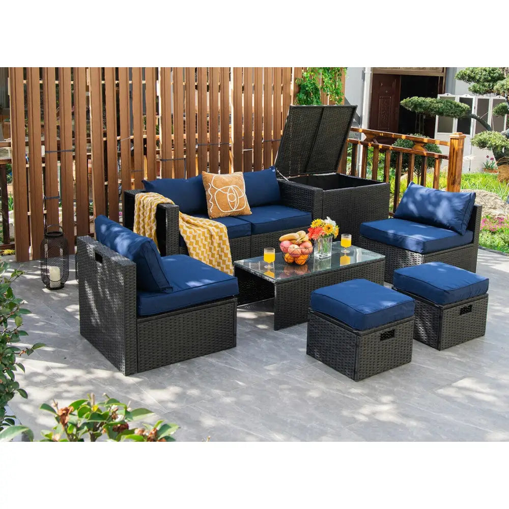 8 Pieces Patio Rattan Storage Table Furniture Set-Navy - Navy - Outdoor Sectionals