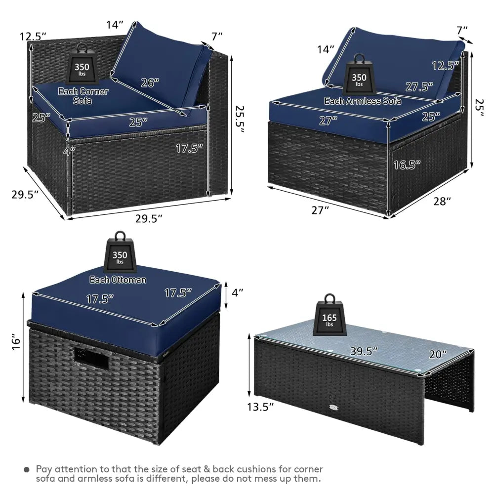 8 Pieces Patio Rattan Storage Table Furniture Set-Navy - Navy - Outdoor Sectionals