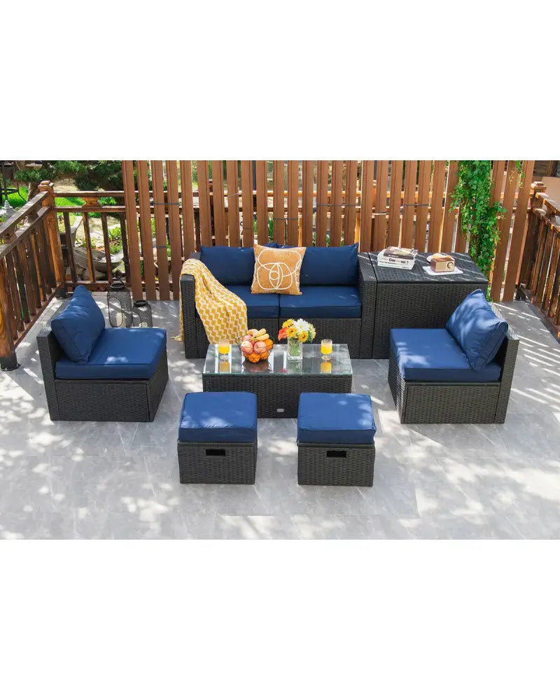 8 Pieces Patio Rattan Storage Table Furniture Set-Navy - Navy - Outdoor Sectionals