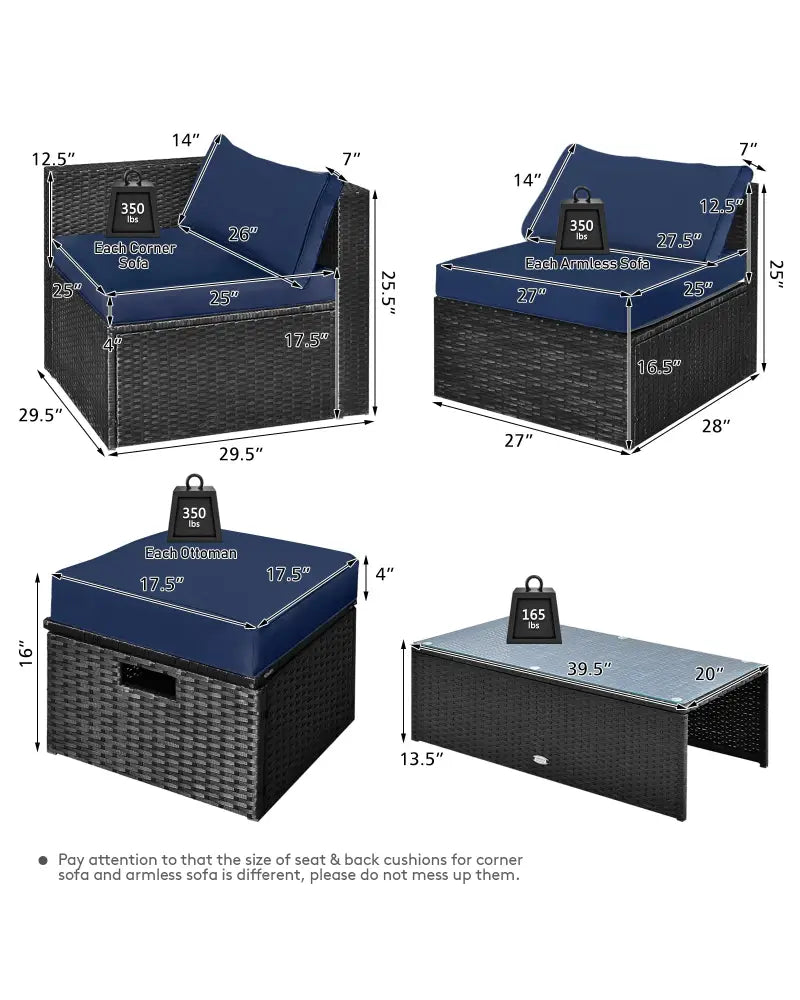 8 Pieces Patio Rattan Storage Table Furniture Set-Navy - Navy - Outdoor Sectionals