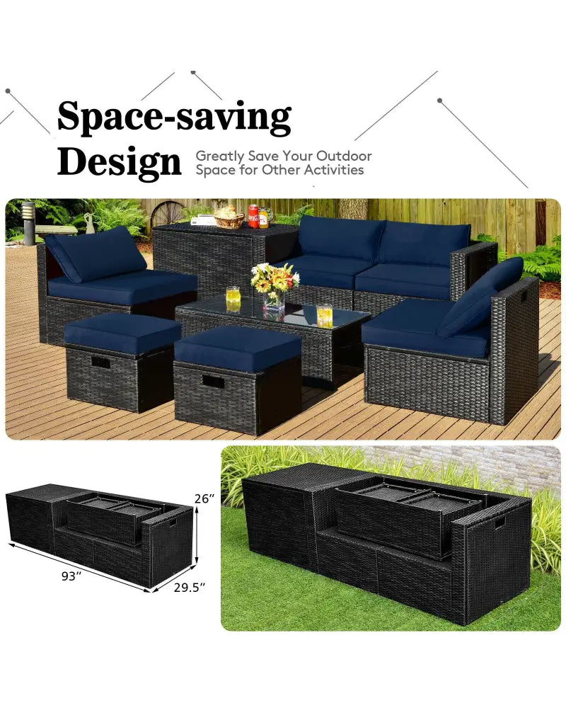 8 Pieces Patio Rattan Storage Table Furniture Set-Navy - Navy - Outdoor Sectionals