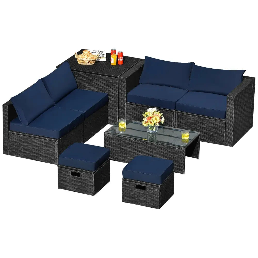8 Pieces Patio Rattan Storage Table Furniture Set-Navy - Navy - Outdoor Sectionals