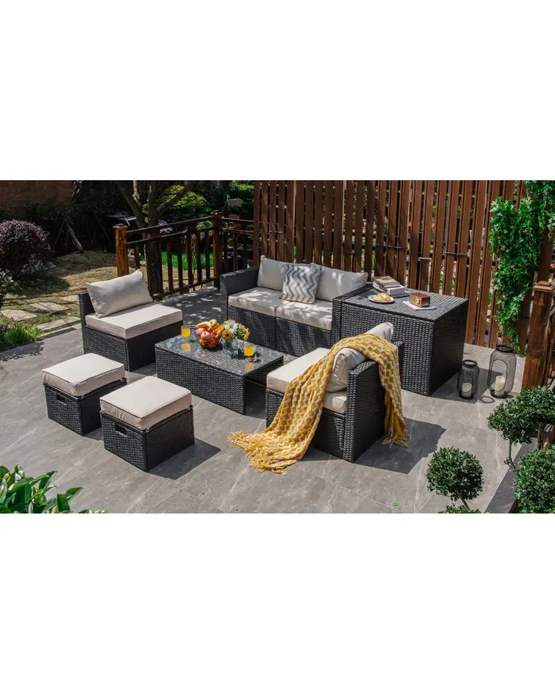 8 Pieces Patio Rattan Storage Table Furniture Set-Off White - Off White - Outdoor Sectionals