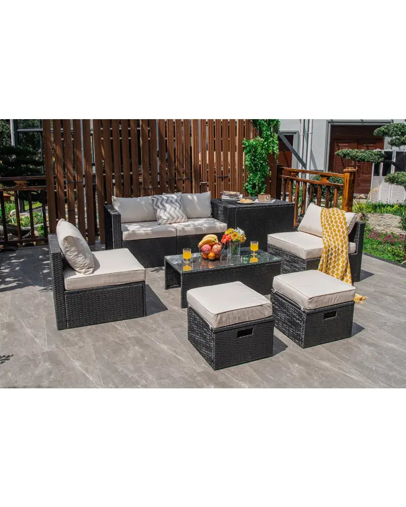 8 Pieces Patio Rattan Storage Table Furniture Set-Off White - Off White - Outdoor Sectionals