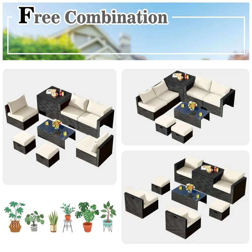 8 Pieces Patio Rattan Storage Table Furniture Set-Off White - Off White - Outdoor Sectionals
