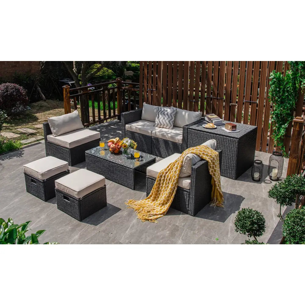 8 Pieces Patio Rattan Storage Table Furniture Set-Off White - Off White - Outdoor Sectionals