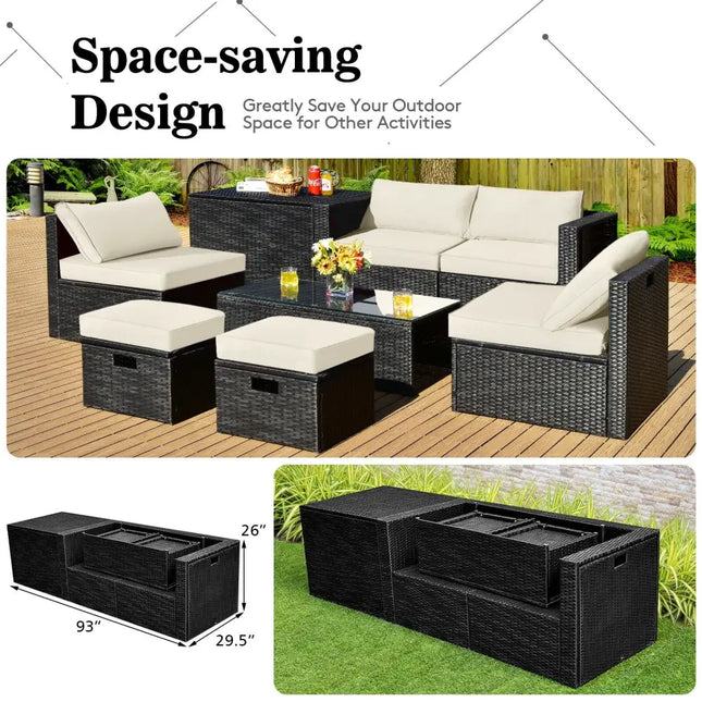 8 Pieces Patio Rattan Storage Table Furniture Set-Off White - Off White - Outdoor Sectionals