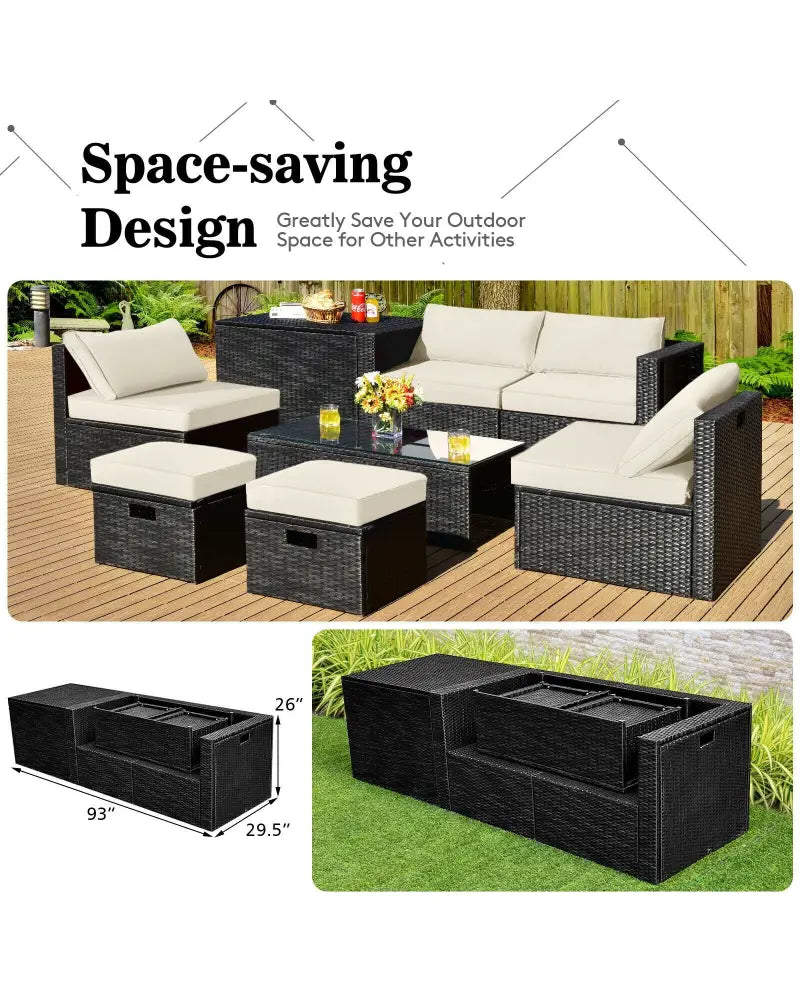 8 Pieces Patio Rattan Storage Table Furniture Set-Off White - Off White - Outdoor Sectionals