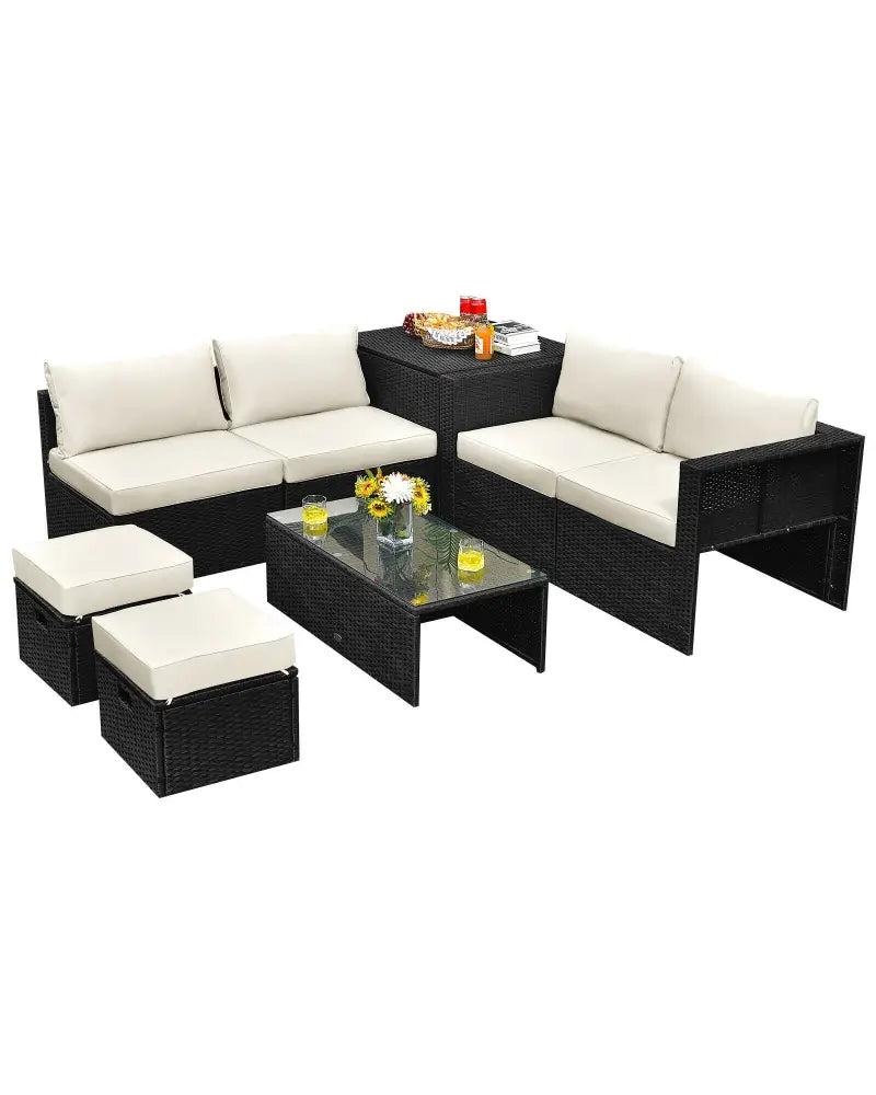 8 Pieces Patio Rattan Storage Table Furniture Set-Off White - Off White - Outdoor Sectionals