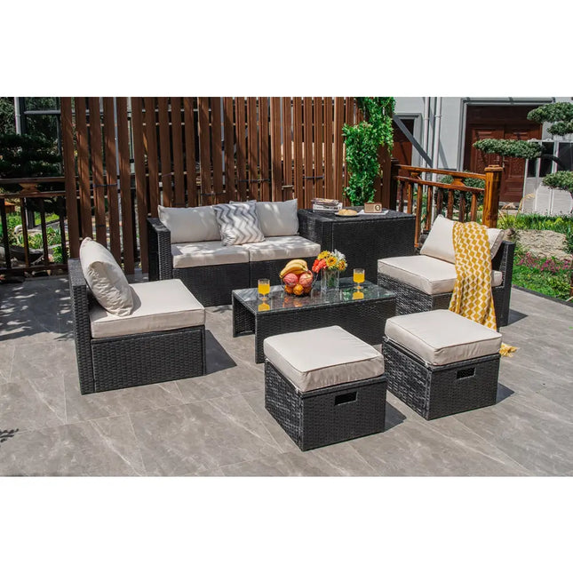 8 Pieces Patio Rattan Storage Table Furniture Set-Off White - Off White - Outdoor Sectionals