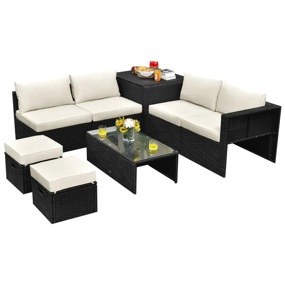 8 Pieces Patio Rattan Storage Table Furniture Set-Off White - Off White - Outdoor Sectionals
