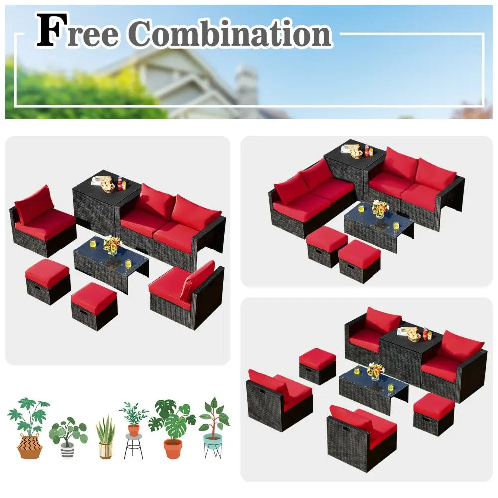 8 Pieces Patio Rattan Storage Table Furniture Set-Red - Red - Outdoor Sectionals