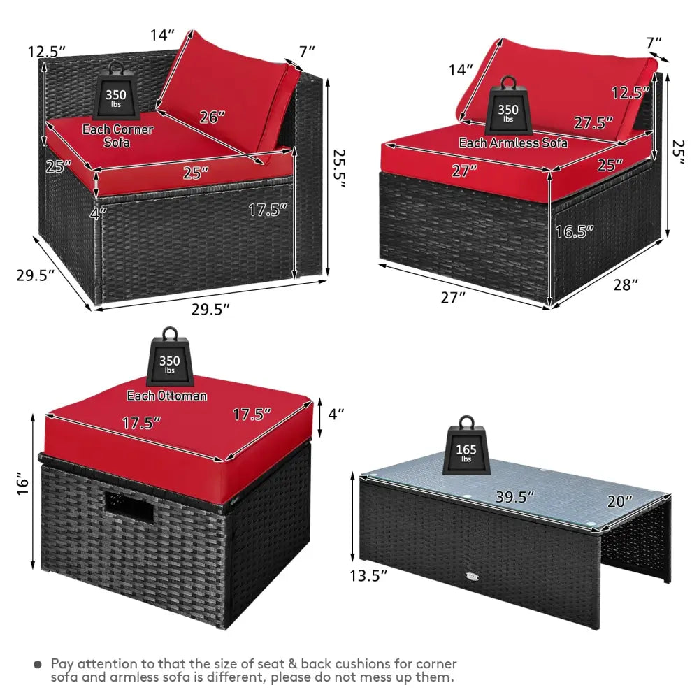 8 Pieces Patio Rattan Storage Table Furniture Set-Red - Red - Outdoor Sectionals