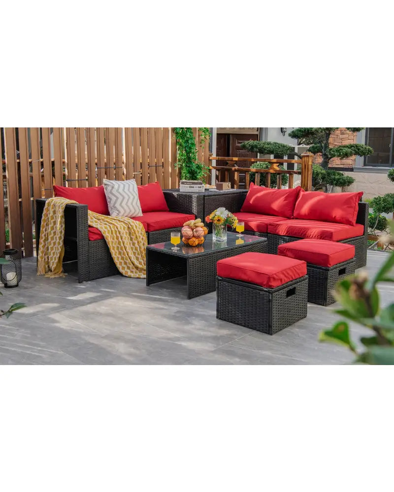8 Pieces Patio Rattan Storage Table Furniture Set-Red - Red - Outdoor Sectionals