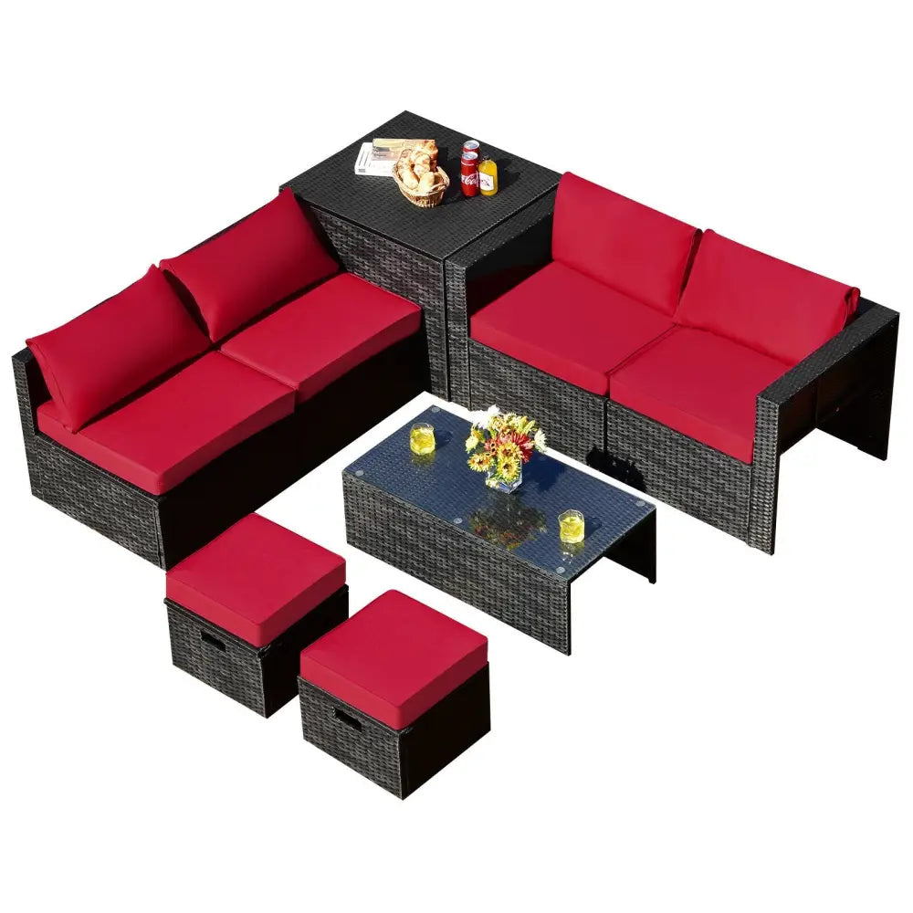 8 Pieces Patio Rattan Storage Table Furniture Set-Red - Red - Outdoor Sectionals